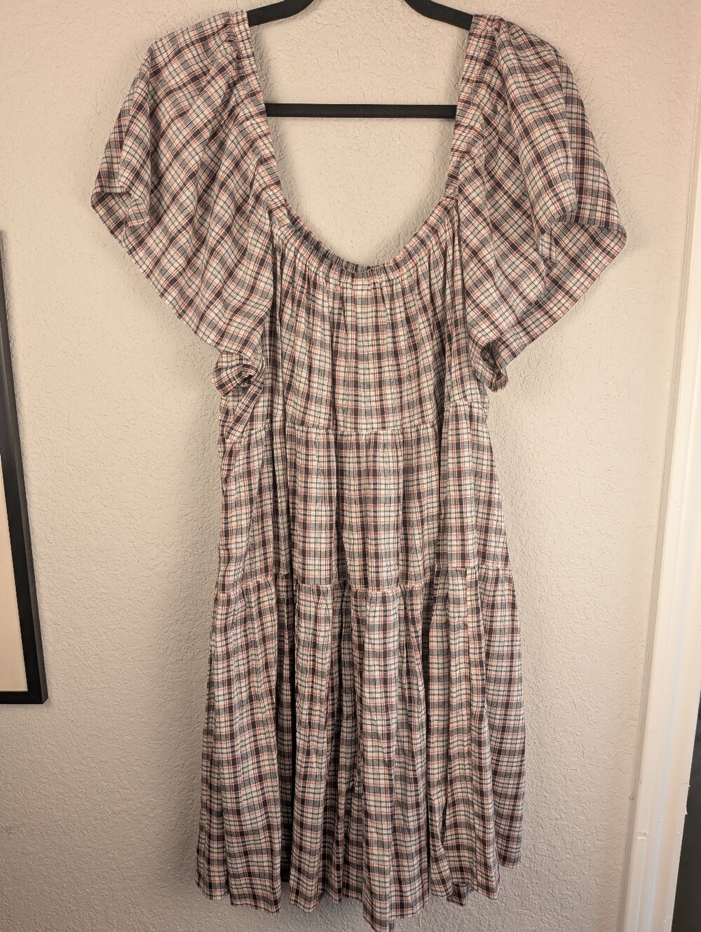 Old Navy Mini Peasant Dress XL Plaid Lightweight Woven Cotton Blend Black Orange